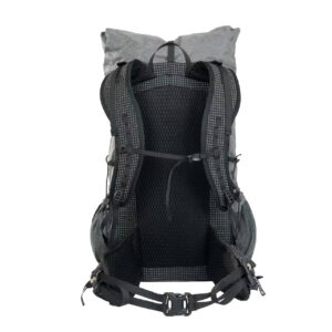 Back view of a gray hiking backpack with padded shoulder straps, chest strap, and hip belt.
